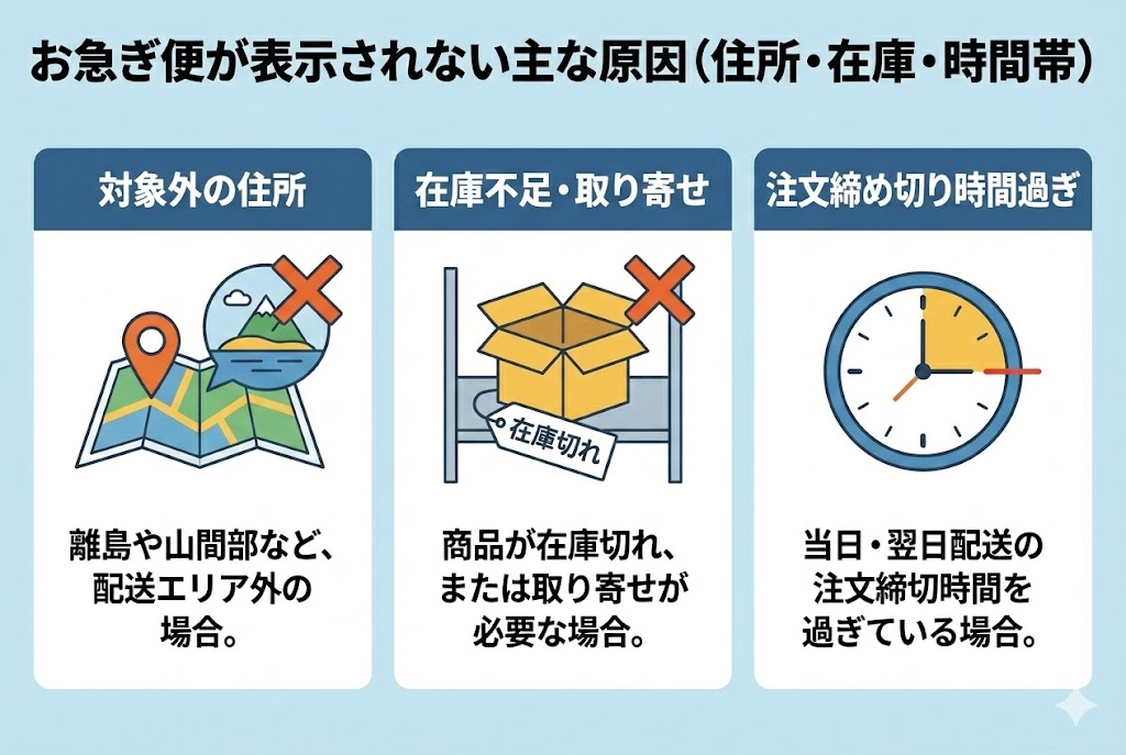 Amazonのお急ぎ便が使えない・届かない原因と対処法。翌日配達・当日配達ができないケースを徹底解説